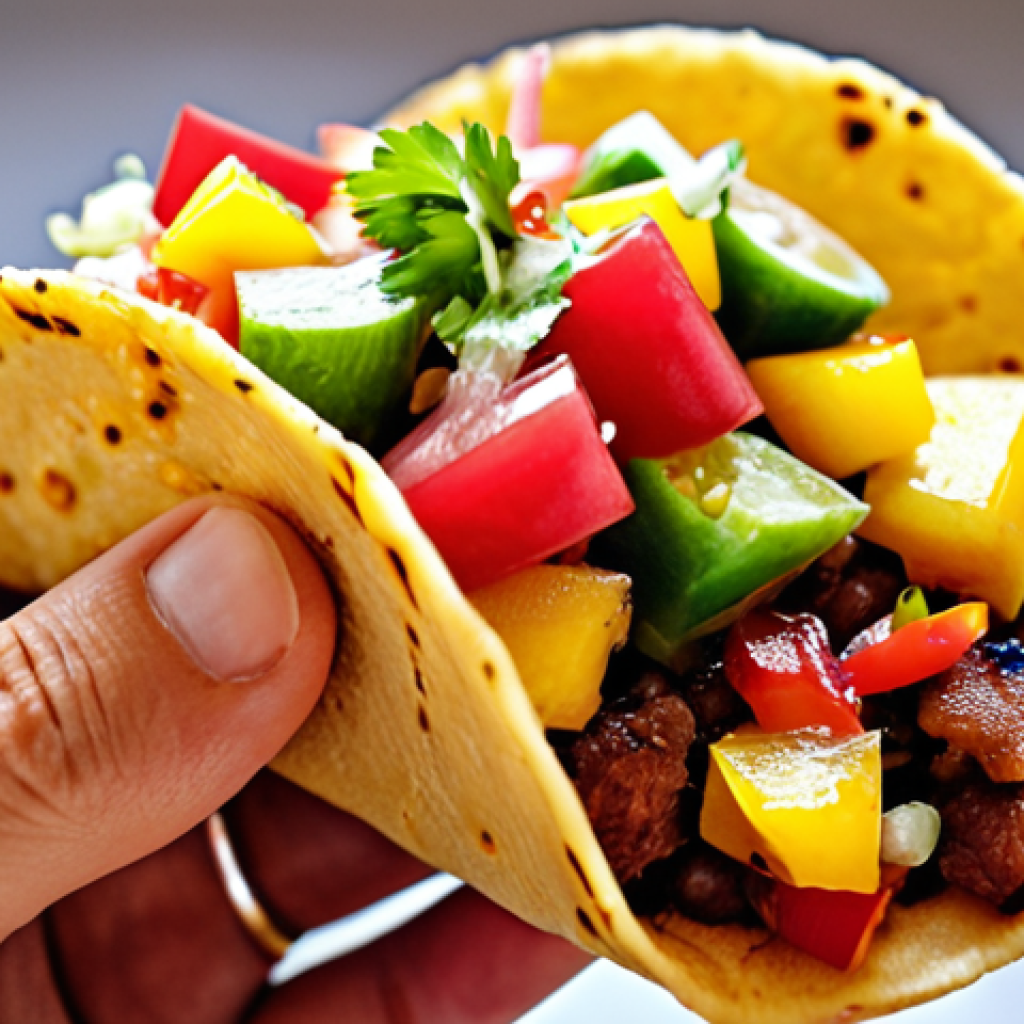 **

Prompt: A vibrant close-up photo showcasing a taco topped with a colorful fermented fruit salsa made with pineapple, mango, onions, and peppers. Focus on the texture and colors of the salsa, highlighting the sweet, tangy, and spicy flavors. The taco is held in a hand, suggesting a delicious and exciting eating experience.

**