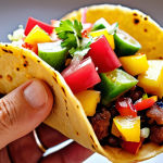 **

Prompt: A vibrant close-up photo showcasing a taco topped with a colorful fermented fruit salsa made with pineapple, mango, onions, and peppers. Focus on the texture and colors of the salsa, highlighting the sweet, tangy, and spicy flavors. The taco is held in a hand, suggesting a delicious and exciting eating experience.

**