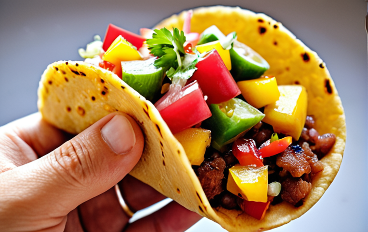 **
Prompt: A vibrant close-up photo showcasing a taco topped with a colorful fermented fruit salsa made with pineapple, mango, onions, and peppers. Focus on the texture and colors of the salsa, highlighting the sweet, tangy, and spicy flavors. The taco is held in a hand, suggesting a delicious and exciting eating experience.
**