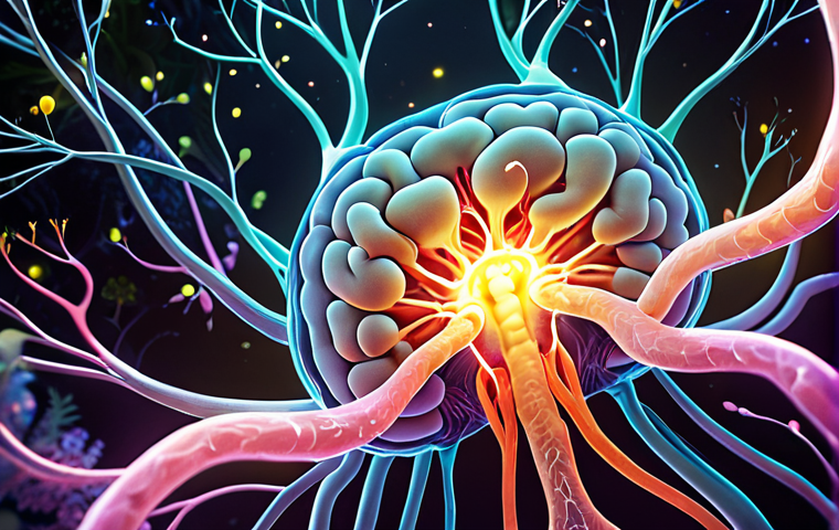 A mesmerizing, abstract visual representation of the gut-brain axis. A glowing, harmonious brain subtly intertwined with a vibrant, lush internal ecosystem resembling a healthy, thriving microbiome. Soft, interconnected light pathways illustrate constant communication between the two. The overall mood is ethereal, optimistic, and deeply vital. High-resolution digital art, conceptual illustration, healthy wellness aesthetic.
