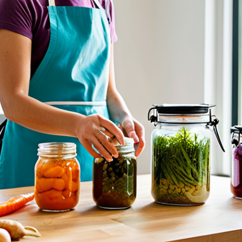 Home 7 A person with perfect anatomy, correct proportions, and natural pose, dressed in a modest and professional apron, gently placing vibrant, crisp vegetables into a clean glass fermentation jar in a bright, sunlit kitchen. Their well-formed hands with proper finger count are visible in action. Several other glass jars filled with colorful fermenting vegetables are visible on a wooden countertop. The scene conveys a sense of mindful preparation and healthy living. Professional photography, high quality, natural lighting, safe for work, appropriate content, fully clothed, modest, family-friendly.