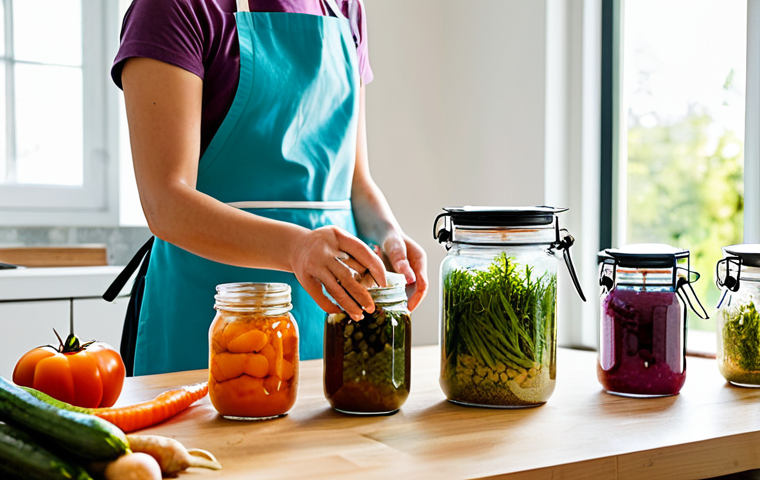 A person with perfect anatomy, correct proportions, and natural pose, dressed in a modest and professional apron, gently placing vibrant, crisp vegetables into a clean glass fermentation jar in a bright, sunlit kitchen. Their well-formed hands with proper finger count are visible in action. Several other glass jars filled with colorful fermenting vegetables are visible on a wooden countertop. The scene conveys a sense of mindful preparation and healthy living. Professional photography, high quality, natural lighting, safe for work, appropriate content, fully clothed, modest, family-friendly.