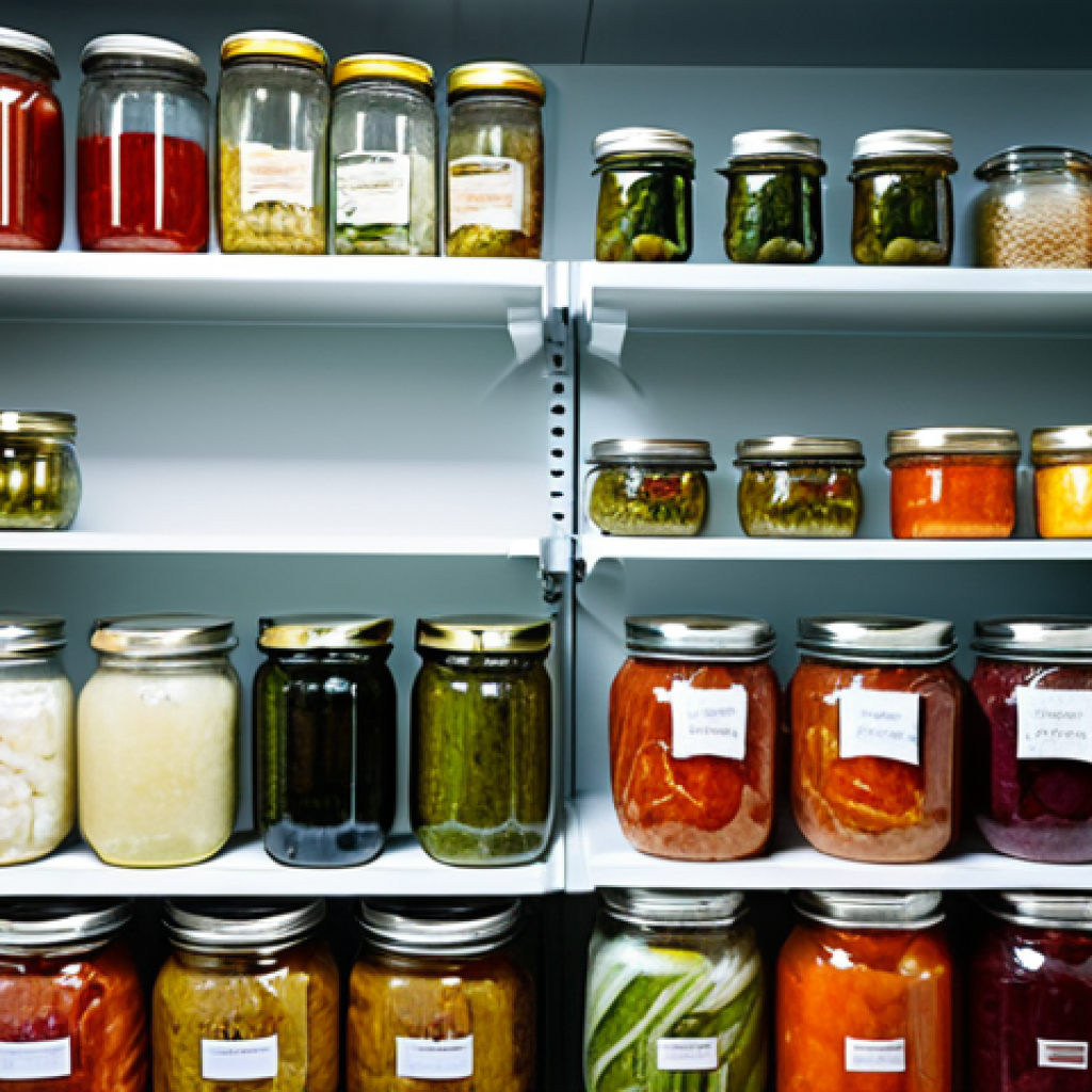Fermented Food Storage Scene**

A well-organized refrigerator shelf showcasing various glass jars filled with colorful fermented foods like sauerkraut, kimchi, and pickles. Jars are labeled and neatly arranged. Focus on airtight lids and visible brine levels. A fermentation weight is visible in one of the jars. Clean, bright lighting. safe for work, appropriate content, fully clothed, professional, perfect anatomy, natural proportions, high quality.

**