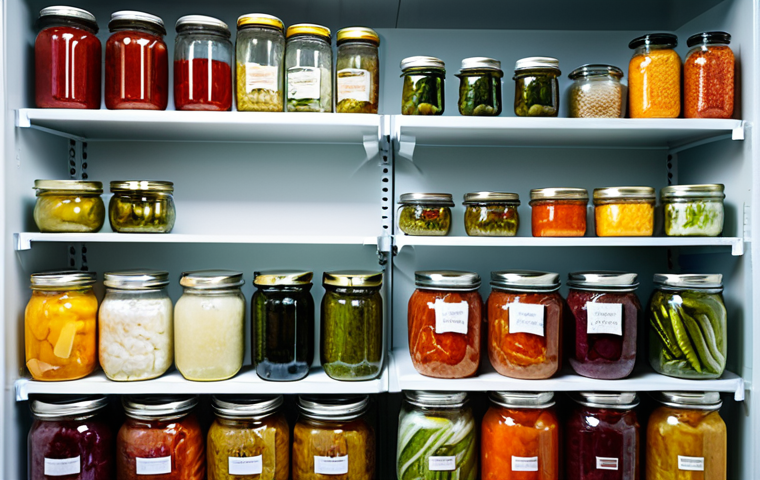 Fermented Food Storage Scene**

A well-organized refrigerator shelf showcasing various glass jars filled with colorful fermented foods like sauerkraut, kimchi, and pickles. Jars are labeled and neatly arranged. Focus on airtight lids and visible brine levels. A fermentation weight is visible in one of the jars. Clean, bright lighting. safe for work, appropriate content, fully clothed, professional, perfect anatomy, natural proportions, high quality.

**
