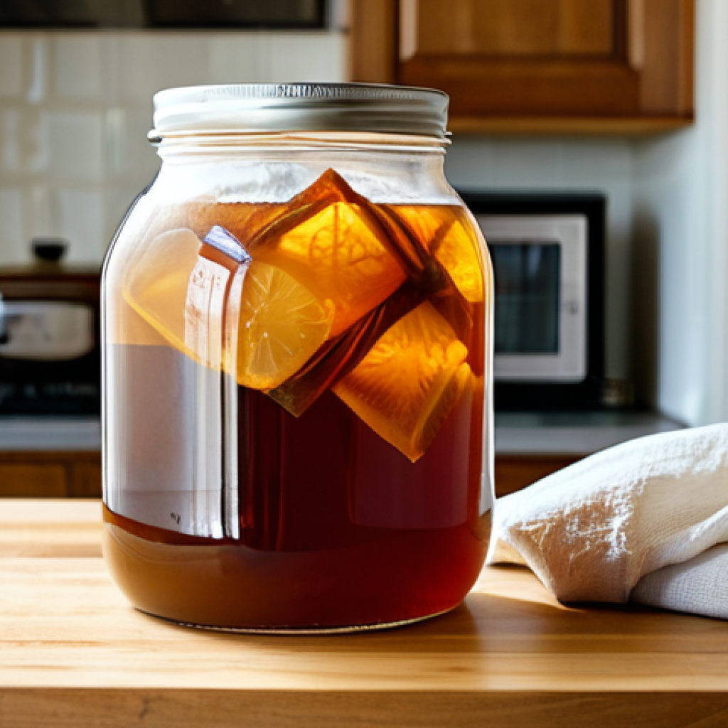 First Fermentation Setup**

"A clear glass gallon jar filled with amber-colored sweet tea and a healthy-looking SCOBY floating on top, covered with breathable cloth secured by a rubber band. The jar sits on a wooden countertop in a clean, well-lit kitchen. Safe for work, appropriate content, fully clothed, professional photography, illustrating kombucha brewing, educational, natural lighting, perfect anatomy (of the SCOBY - implied), correct proportions, modest setting."

**