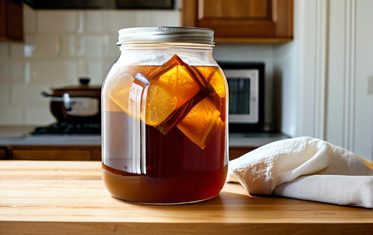 First Fermentation Setup**

"A clear glass gallon jar filled with amber-colored sweet tea and a healthy-looking SCOBY floating on top, covered with breathable cloth secured by a rubber band. The jar sits on a wooden countertop in a clean, well-lit kitchen. Safe for work, appropriate content, fully clothed, professional photography, illustrating kombucha brewing, educational, natural lighting, perfect anatomy (of the SCOBY - implied), correct proportions, modest setting."

**