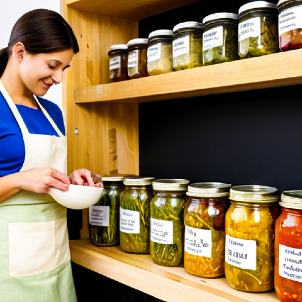 "A brightly lit kitchen scene featuring a woman in an apron arranging jars of colorful homemade sauerkraut on a wooden shelf. Jars are labeled with dates. In the background, various vegetables are visible. Emphasis on the vibrant colors and cleanliness. safe for work, appropriate content, fully clothed, professional photography, natural lighting, perfect anatomy in the woman, modest clothing."