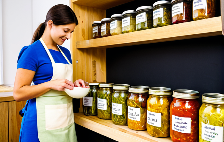 "A brightly lit kitchen scene featuring a woman in an apron arranging jars of colorful homemade sauerkraut on a wooden shelf. Jars are labeled with dates. In the background, various vegetables are visible. Emphasis on the vibrant colors and cleanliness. safe for work, appropriate content, fully clothed, professional photography, natural lighting, perfect anatomy in the woman, modest clothing."