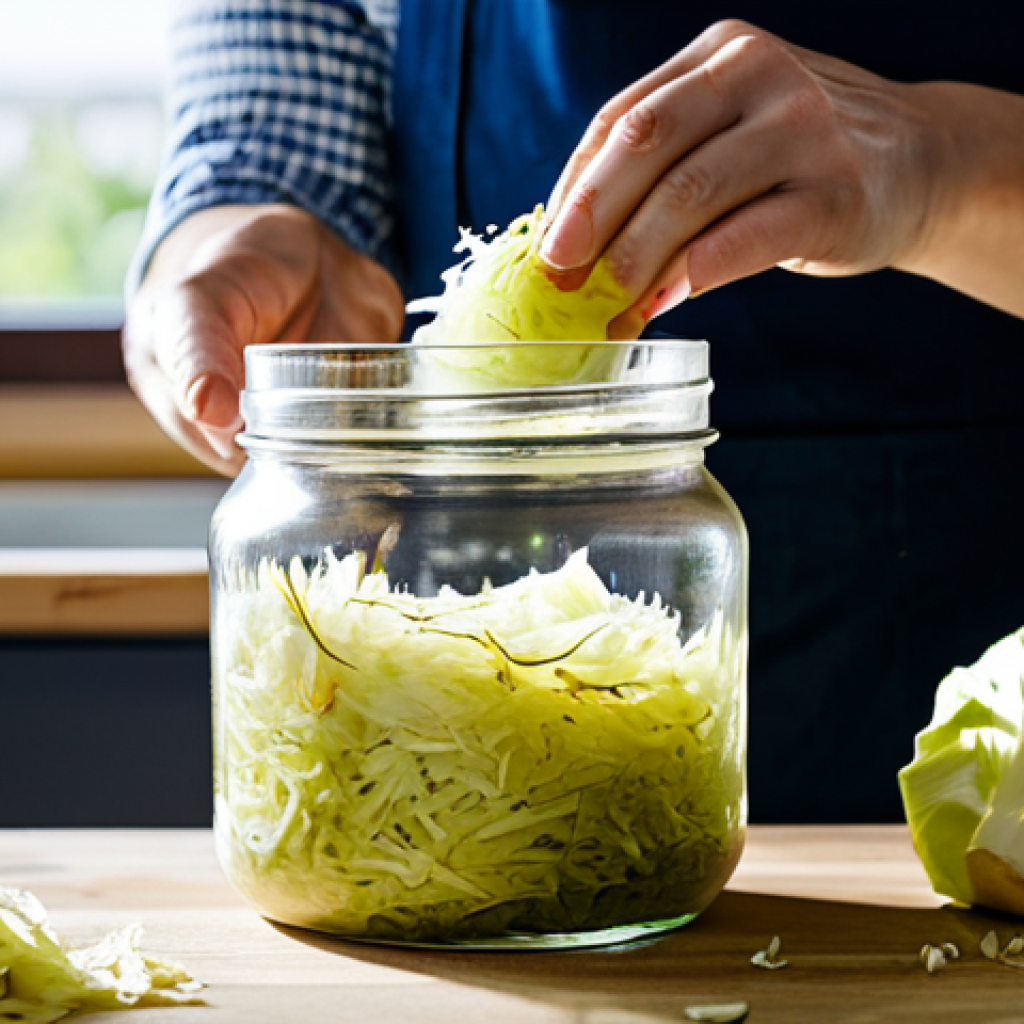 자가 발효로 만든 조리법과 활용법 - Sauerkraut Fermentation**

"A brightly lit kitchen scene showcasing a glass jar filled with shredded...