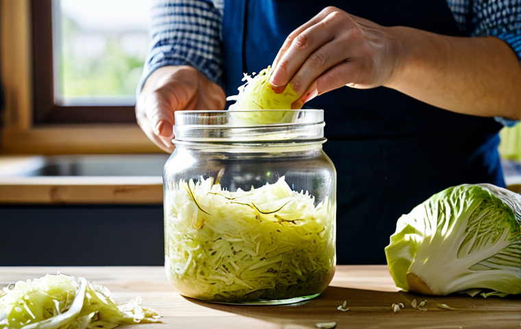 자가 발효로 만든 조리법과 활용법 - Sauerkraut Fermentation**

"A brightly lit kitchen scene showcasing a glass jar filled with shredded...