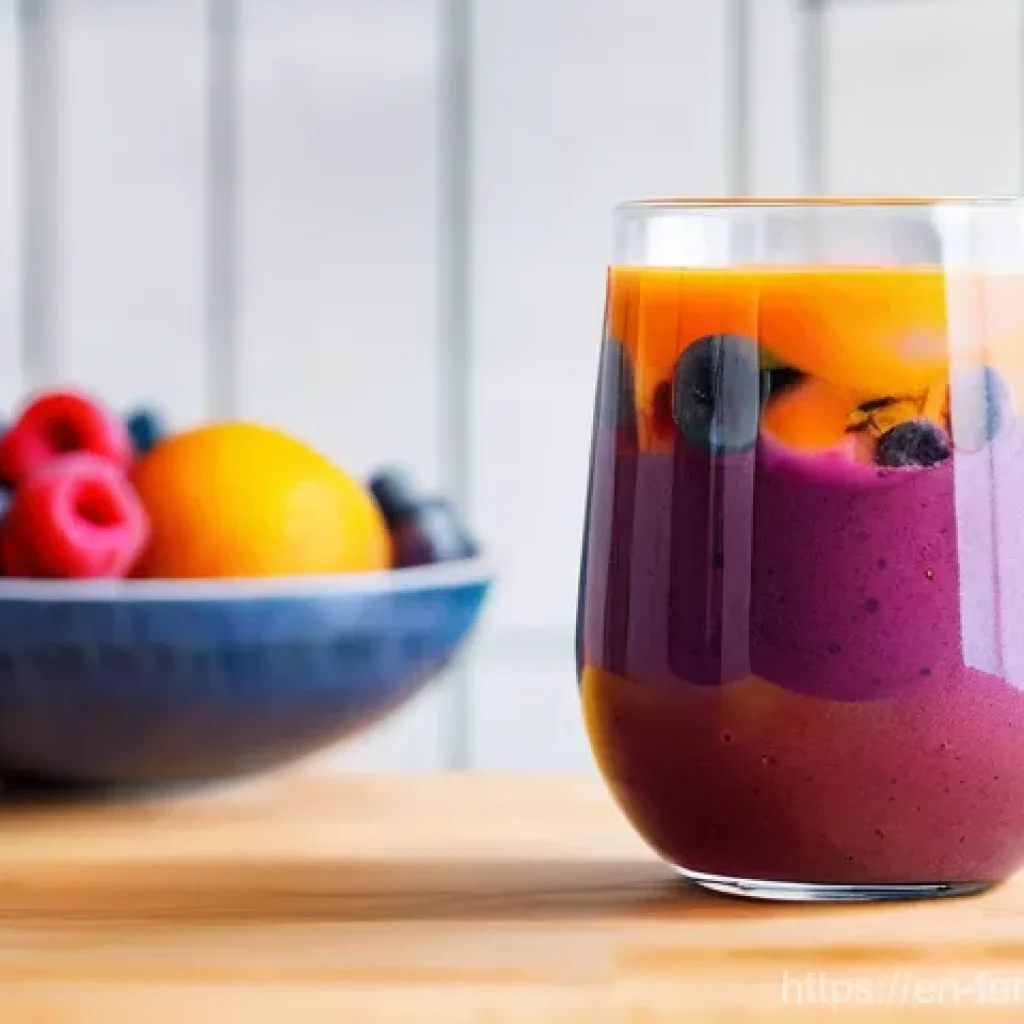 자가 발효로 만든 스무디 레시피 - **Vibrant Fermented Morning Smoothie:** A close-up shot of a clear glass filled with a richly colore...