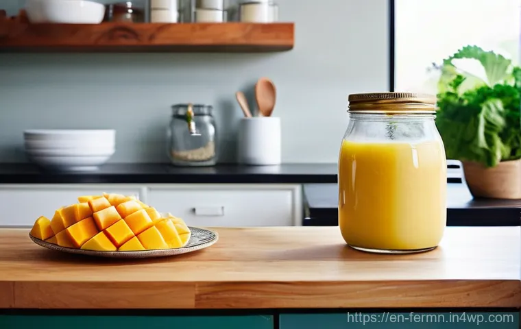 자가 발효로 만든 스무디 레시피 - **Vibrant Fermented Morning Smoothie:** A close-up shot of a clear glass filled with a richly colore...