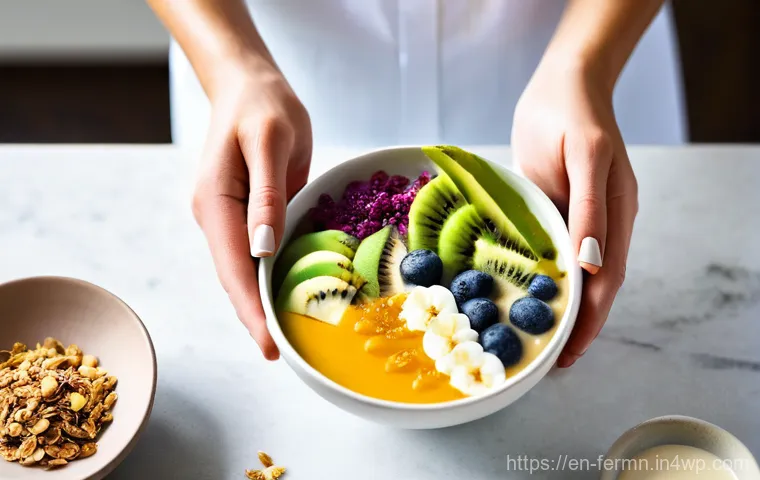 자가 발효로 만든 스무디 레시피 - **Kefir Grains and Fermentation Setup:** A warm, inviting kitchen scene showcasing the initial stage...