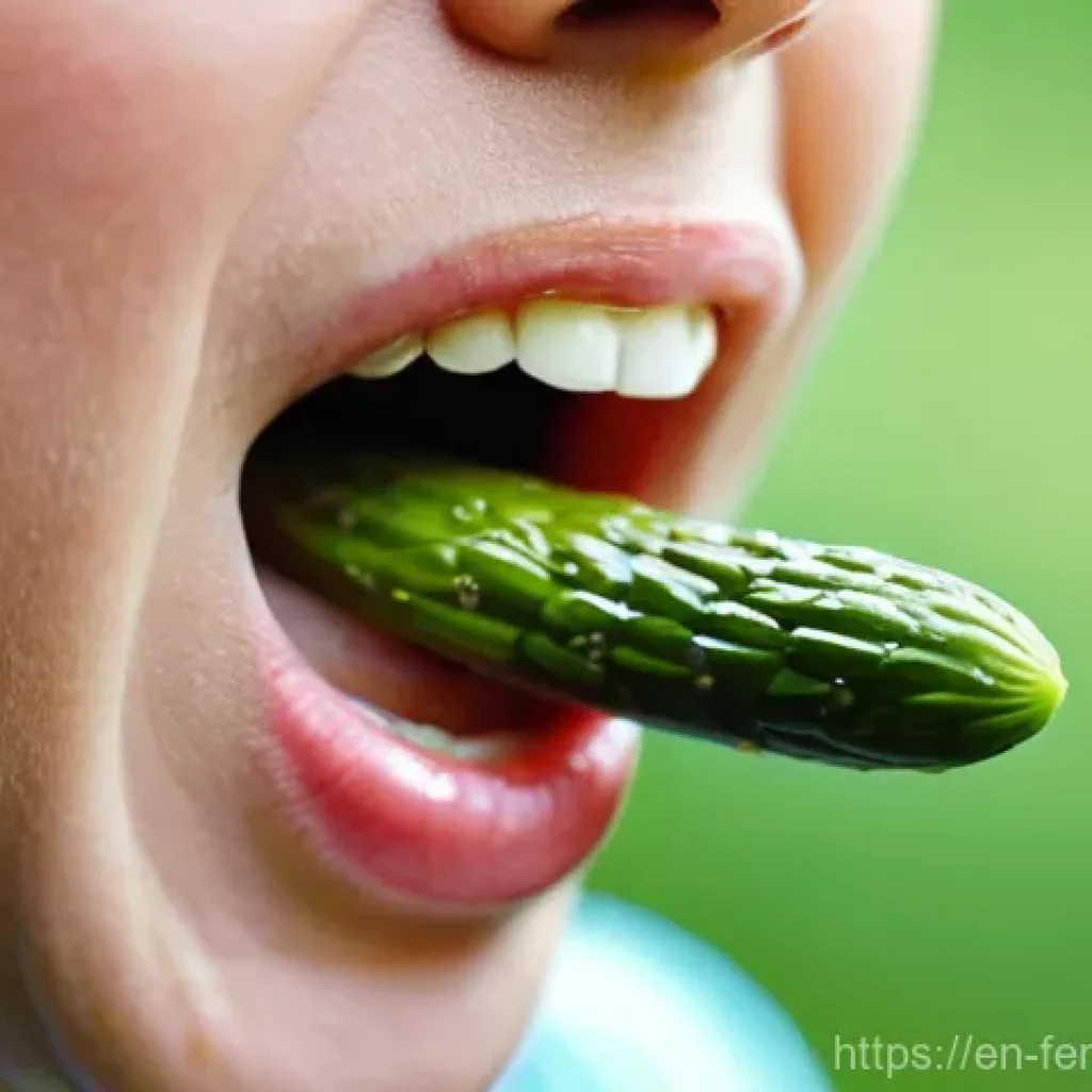 자가 발효로 만든 입맛 돋우는 장아찌 - **Prompt:** A close-up, high-definition, natural light photograph capturing a person's mouth mid-bit...