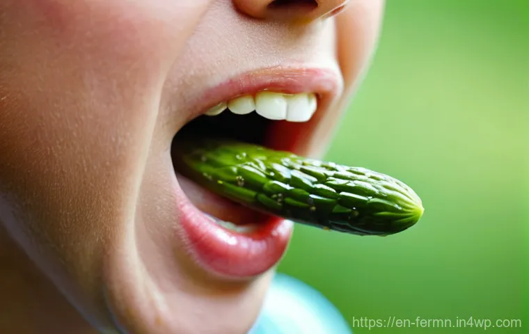 자가 발효로 만든 입맛 돋우는 장아찌 - **Prompt:** A close-up, high-definition, natural light photograph capturing a person's mouth mid-bit...