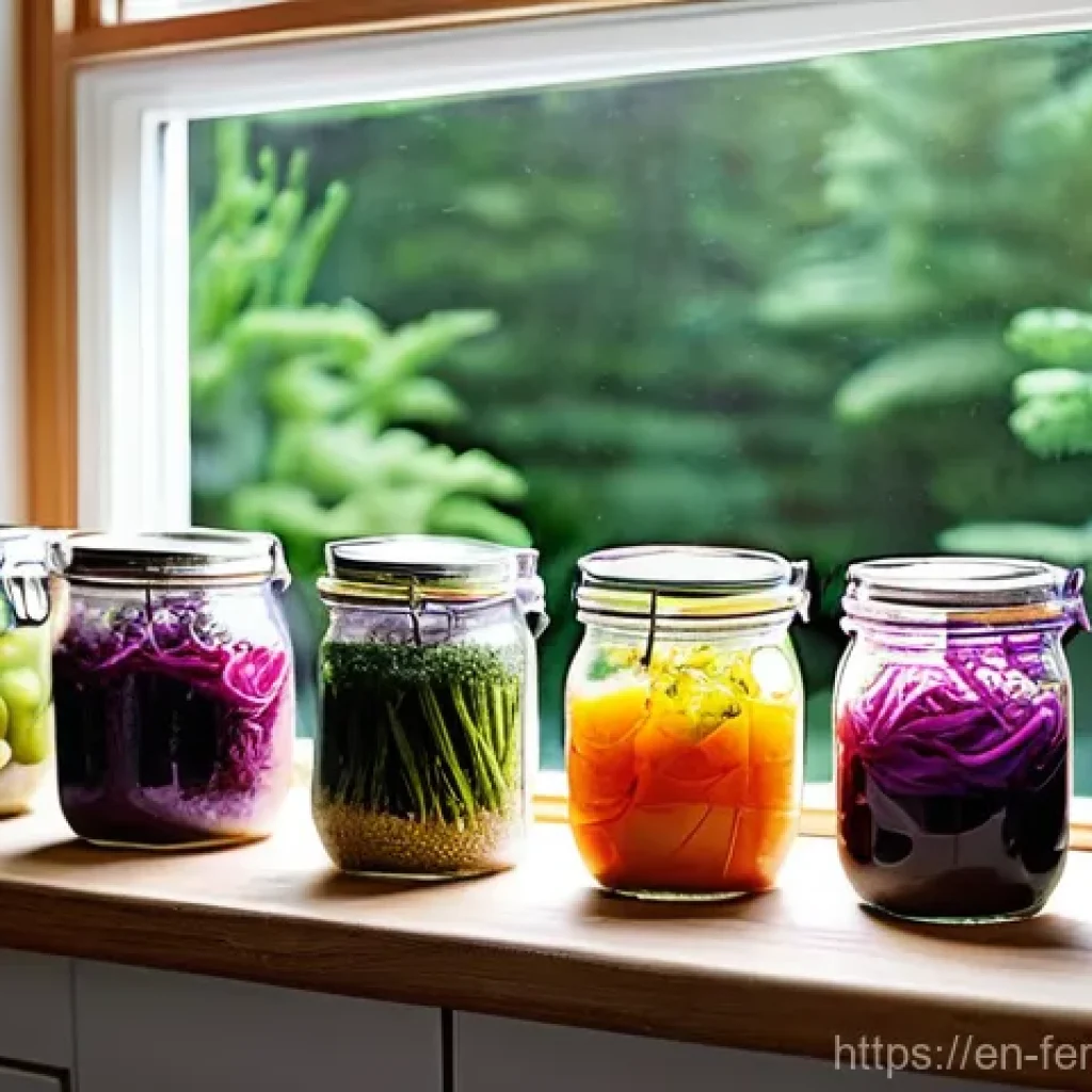 자가 발효로 만든 샐러드 조리법 - **Prompt:** A cozy, sunlit modern kitchen. On a rustic wooden countertop, several wide-mouth glass M...