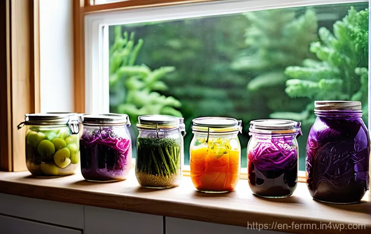 자가 발효로 만든 샐러드 조리법 - **Prompt:** A cozy, sunlit modern kitchen. On a rustic wooden countertop, several wide-mouth glass M...