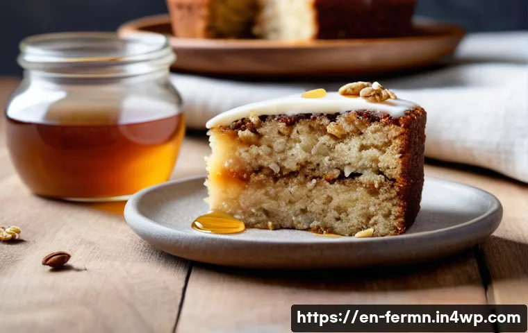 자가 발효로 만든 당근 케이크 레시피 - A close-up, high-resolution image of a rustic carrot cake slice on a wooden plate, showcasing a mois...