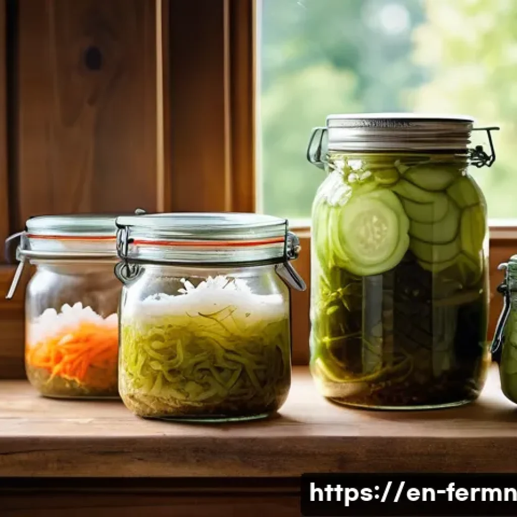 자가 발효로 만든 요리법 총정리 - A cozy kitchen scene featuring a rustic wooden table with glass jars of vibrant homemade sauerkraut ...
