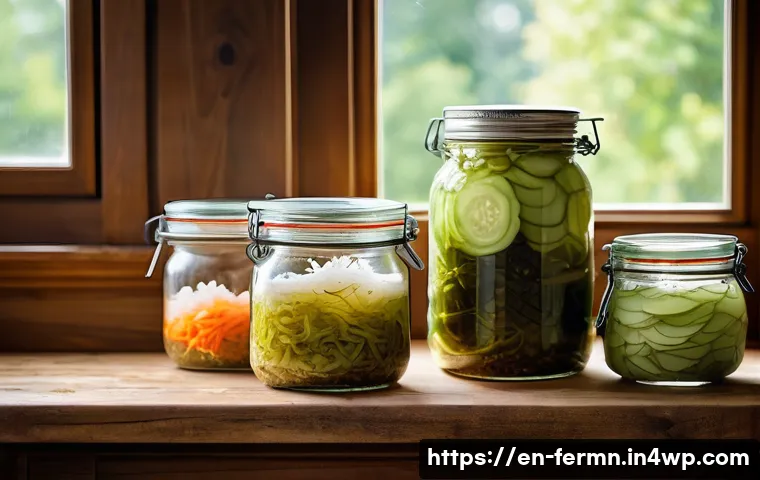 자가 발효로 만든 요리법 총정리 - A cozy kitchen scene featuring a rustic wooden table with glass jars of vibrant homemade sauerkraut ...