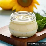 자가 발효로 만드는 마요네즈 - A close-up, high-resolution image of a glass jar filled with creamy, thick fermented mayonnaise, sho...