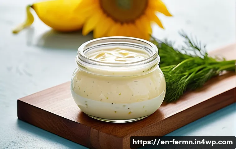 자가 발효로 만드는 마요네즈 - A close-up, high-resolution image of a glass jar filled with creamy, thick fermented mayonnaise, sho...