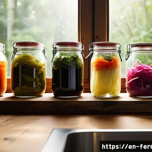 자가 발효 식품의 장단점 - A rustic kitchen scene showcasing a vibrant assortment of homemade fermented foods in clear glass ja...