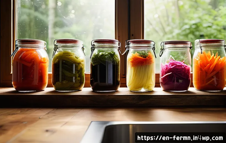 자가 발효 식품의 장단점 - A rustic kitchen scene showcasing a vibrant assortment of homemade fermented foods in clear glass ja...