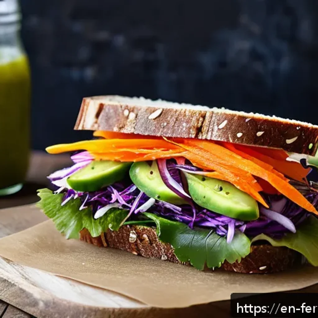 자가 발효로 만든 토핑 활용법 - A vibrant gourmet sandwich on a rustic wooden table featuring creamy avocado spread layered with cri...