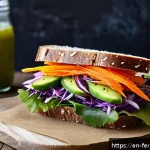 자가 발효로 만든 토핑 활용법 - A vibrant gourmet sandwich on a rustic wooden table featuring creamy avocado spread layered with cri...