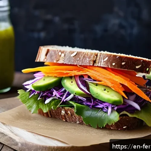 자가 발효로 만든 토핑 활용법 - A vibrant gourmet sandwich on a rustic wooden table featuring creamy avocado spread layered with cri...