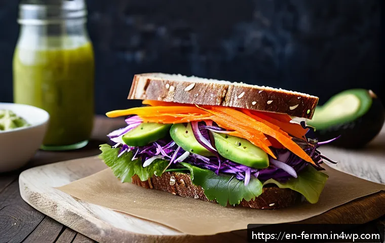 자가 발효로 만든 토핑 활용법 - A vibrant gourmet sandwich on a rustic wooden table featuring creamy avocado spread layered with cri...