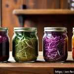 자가 발효된 샐러드 드레싱 만들기 - A rustic kitchen scene featuring glass jars filled with vibrant homemade fermented salad dressings m...