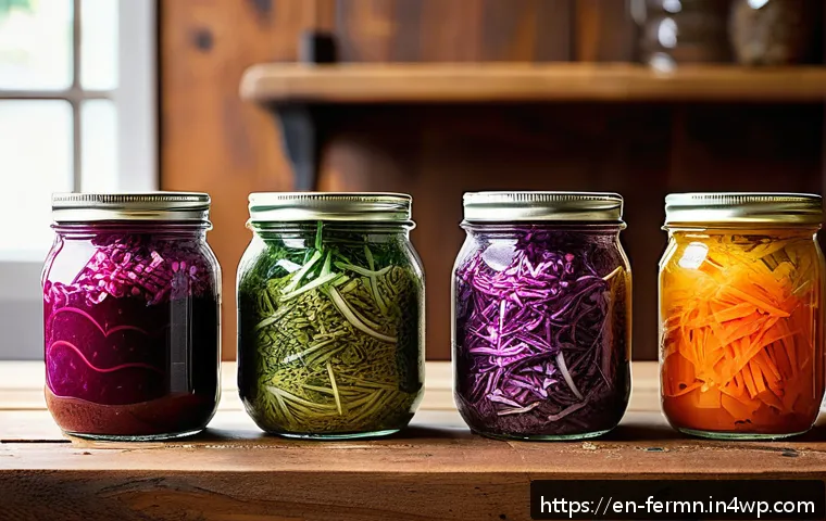 자가 발효된 샐러드 드레싱 만들기 - A rustic kitchen scene featuring glass jars filled with vibrant homemade fermented salad dressings m...