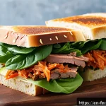 자가 발효로 만드는 스프레드 활용법 - A vibrant close-up of a rustic sourdough sandwich layered with creamy kimchi spread, fresh leafy gre...