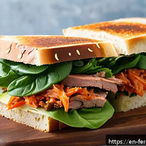 자가 발효로 만드는 스프레드 활용법 - A vibrant close-up of a rustic sourdough sandwich layered with creamy kimchi spread, fresh leafy gre...