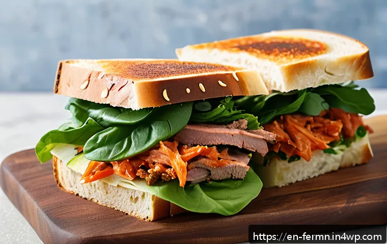 자가 발효로 만드는 스프레드 활용법 - A vibrant close-up of a rustic sourdough sandwich layered with creamy kimchi spread, fresh leafy gre...