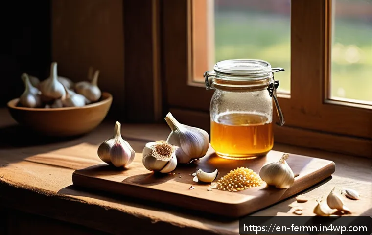 자가 발효로 만드는 마늘잼 - A rustic kitchen scene showcasing a wooden cutting board filled with freshly harvested hard-neck gar...