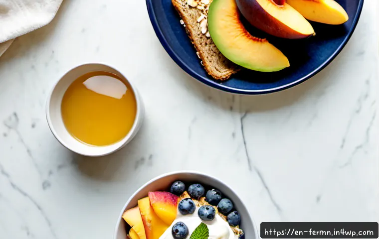 Home 17 발효 식품의 맛있게 즐기는 방법 - Photorealistic overhead breakfast table in a bright American home kitchen, creamy plain yogurt toppe...