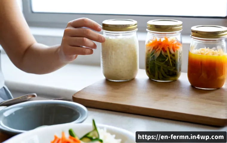 Home 17 발효 식품의 건강 이점과 선택 가이드 - Photorealistic healthy breakfast scene on a bright American kitchen table, clear glass jars of plain...